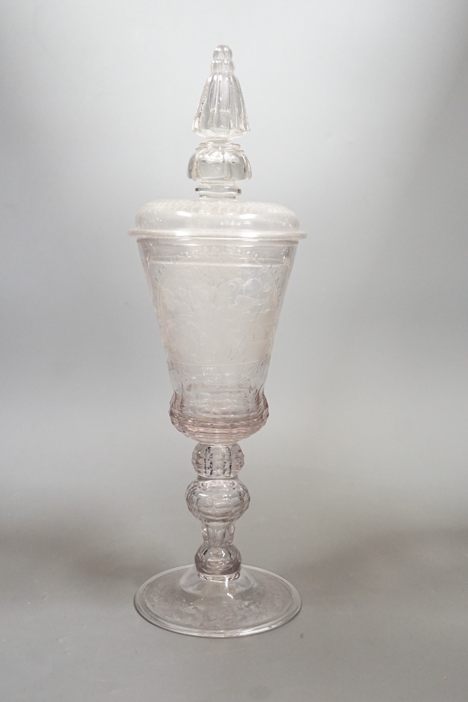 A large 18th century Bohemian goblet and cover, engraved with the angels visiting Abraham, 40cms high